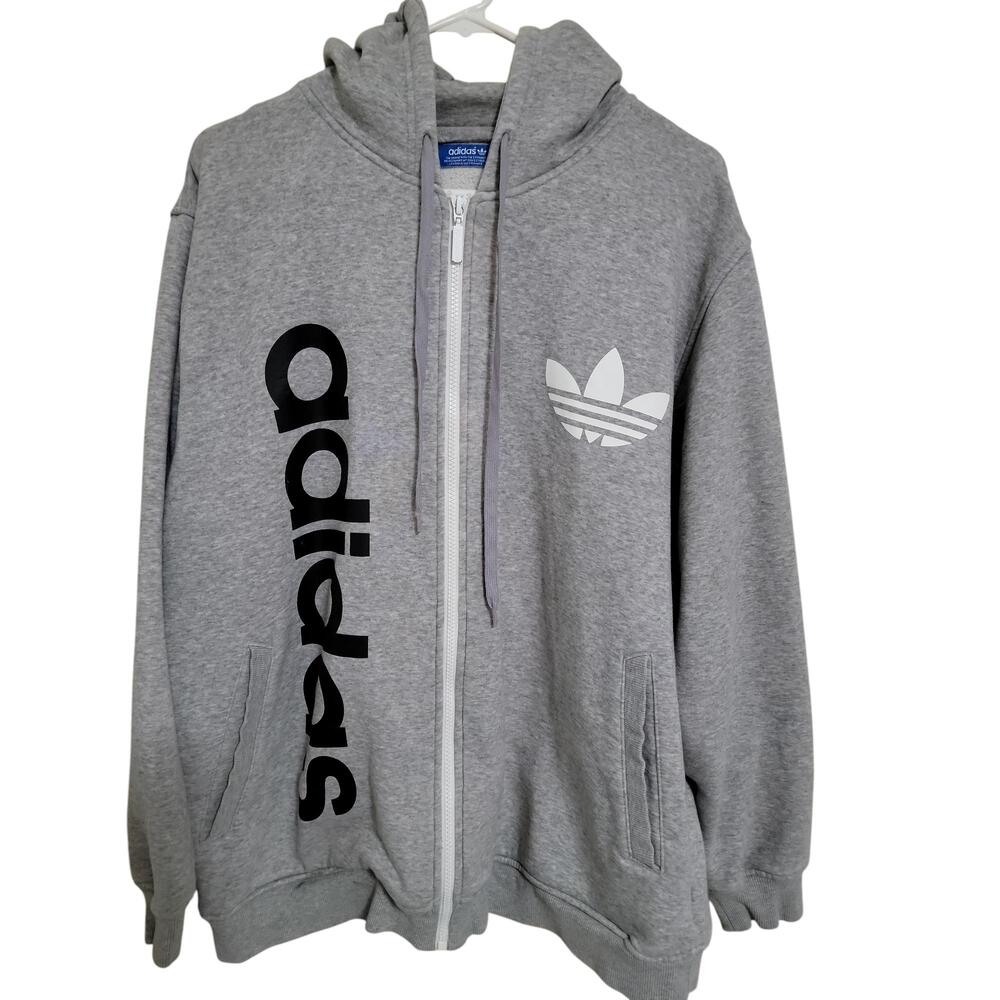 Adidas Grey Zip-Up Hoodie Brand Logo Drawstring Hood Unisex Type XL - Picture 1 of 6